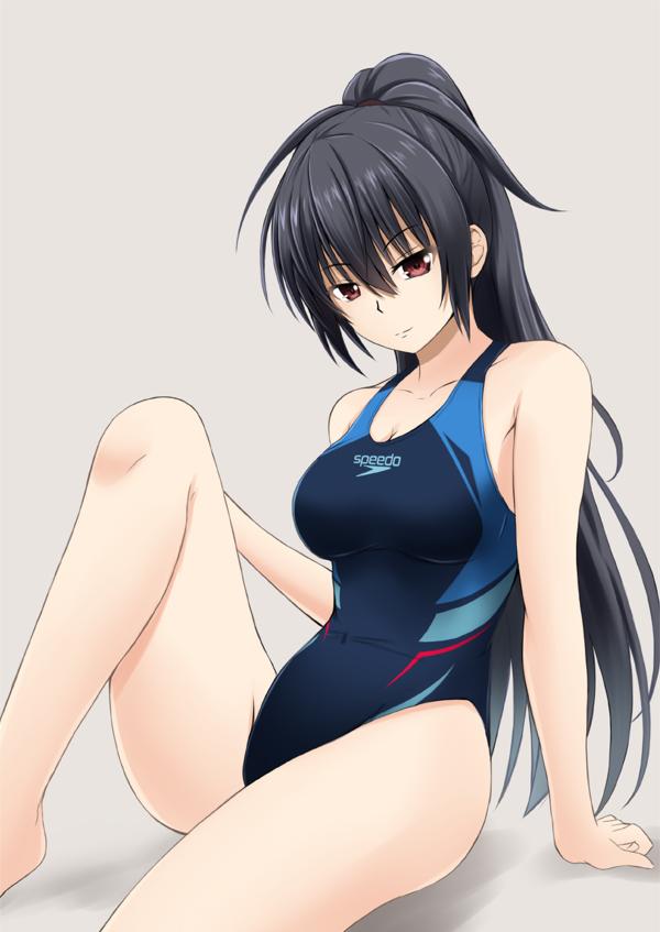 1girl, arm_support, black_hair, blue_swimsuit, breasts, competition_swimsuit, covered_navel, eyebrows_visible_through_hair