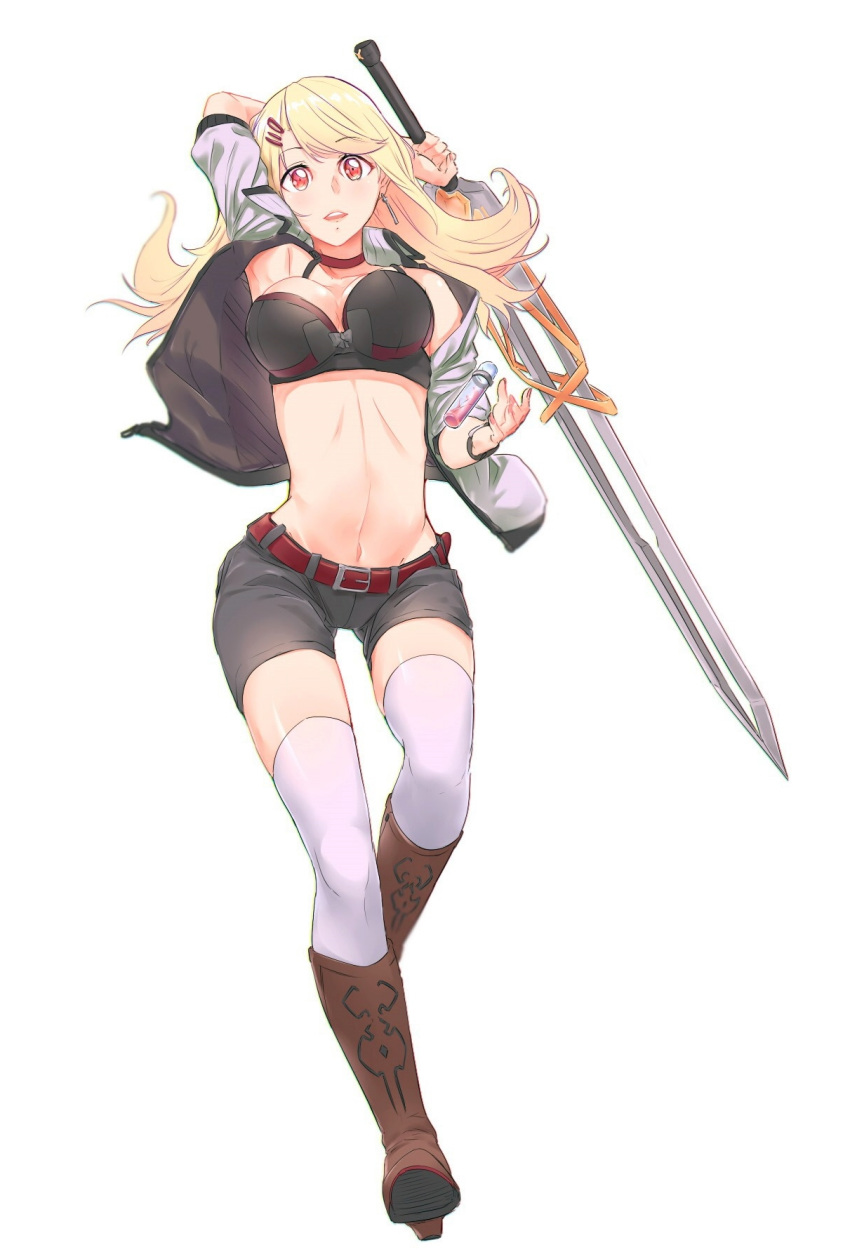 1girl, arm_behind_back, belt, black_shorts, blonde_hair, boots, breasts, bustier