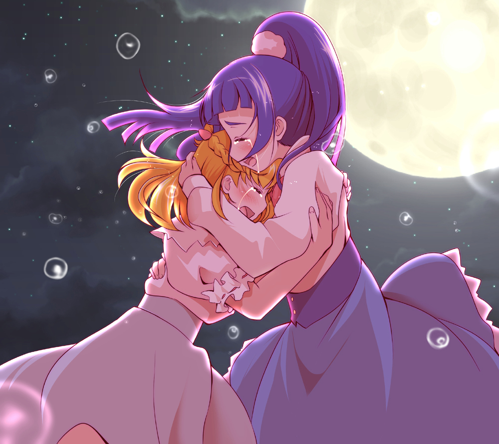 2girls, asahina_mirai, blonde_hair, blush, closed_eyes, full_moon, hug, izayoi_liko, long_hair, mahou_girls_precure!, moon, multiple_girls, open_mouth, precure, purple_hair, short_hair, skirt, spoilers, tears, teliga