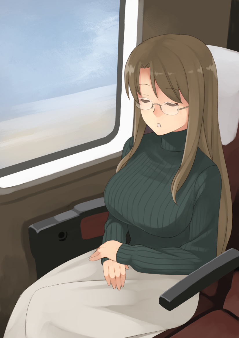 1girl, akemiho_tabi_nikki, breasts, brown_hair, closed_eyes, glasses, kouno_hikaru, large_breasts