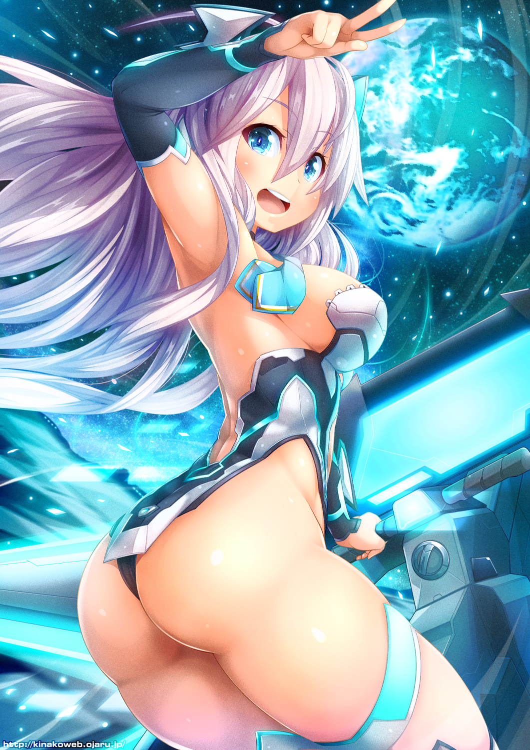 1girl, arm_up, armpits, ass, bangs, bare_back, black_panties, blue_eyes, blush, breasts, character_request, choker, cowboy_shot, detached_sleeves, earth, eyebrows_visible_through_hair, eyelashes, floating_hair, glowing, hair_between_eyes, highres, huge_ass, large_breasts, light_particles, long_hair, looking_at_viewer, looking_back, ooyama_kina, panties, phantasy_star, phantasy_star_online_2, purple_hair, sideboob, silver_hair, skindentation, solo, strapless, thigh-highs, underwear, w, watermark, web_address
