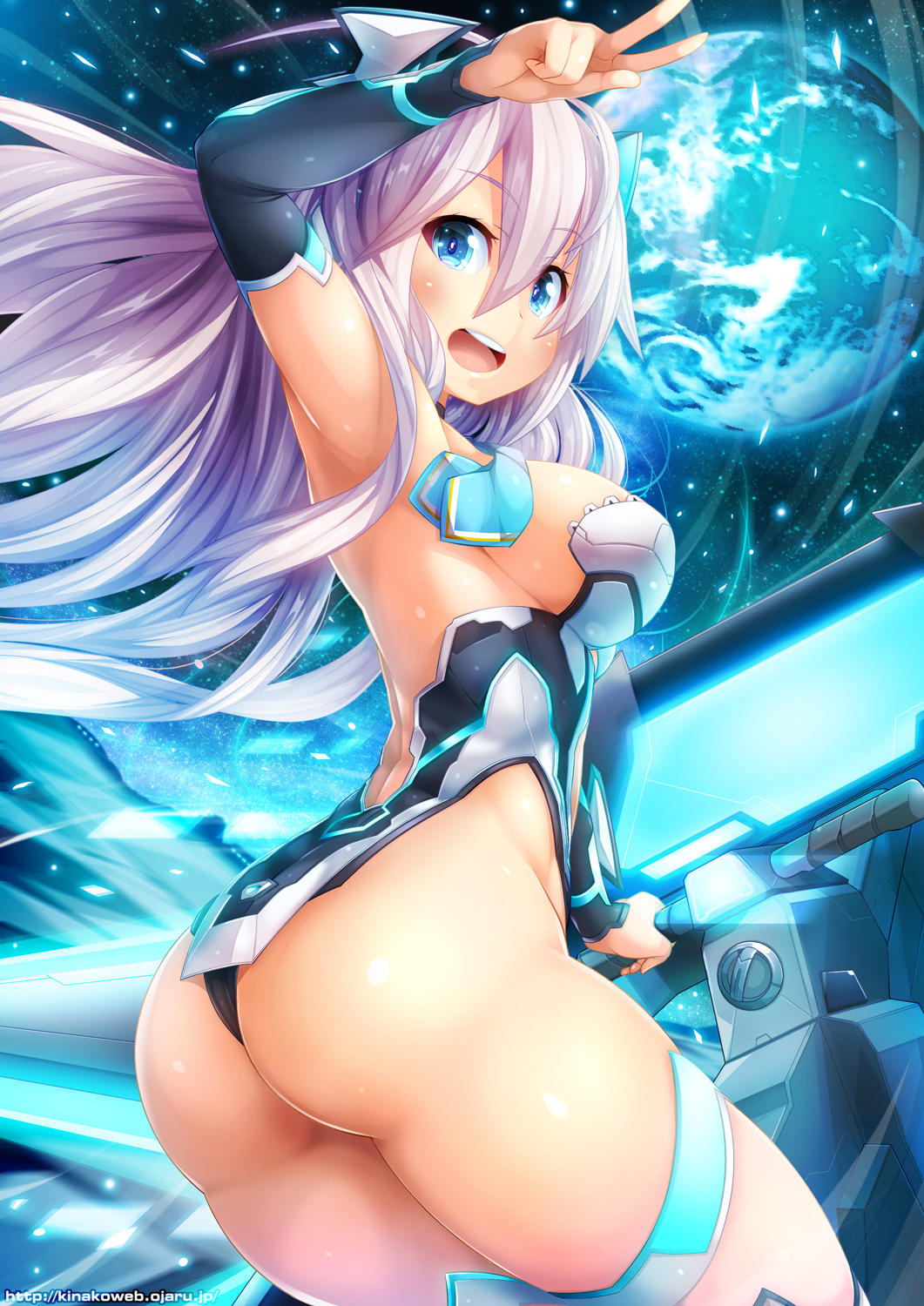 1girl, arm_up, armpits, ass, bangs, bare_back, black_panties, blue_eyes, blush, breasts, choker, cowboy_shot, detached_sleeves, earth, eyebrows_visible_through_hair, eyelashes, floating_hair, glowing, hair_between_eyes, highres, huge_ass, large_breasts, light_particles, long_hair, looking_at_viewer, looking_back, ooyama_kina, panties, phantasy_star, phantasy_star_online_2, purple_hair, sideboob, silver_hair, skindentation, solo, strapless, thigh-highs, underwear, w, watermark, web_address