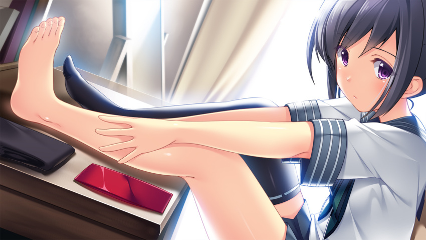 1girl, amari_miyako, barefoot, black_legwear, blonde_hair, desk, feet, game_cg, hands_on_legs, looking_at_viewer, no_shoes, ore_ni_kanojoga_dekitekara_imoutotachi_no_yousu_ga_okashii, ribbon-trimmed_legwear, ribbon_trim, short_sleeves, single_thighhigh, skirt, solo, thigh-highs, thighs, toes, violet_eyes