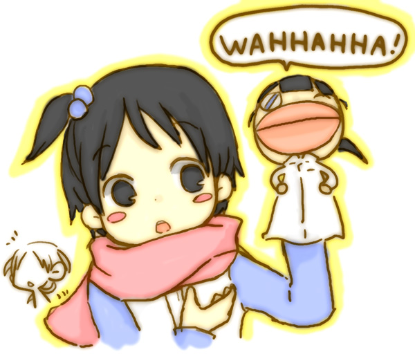 black_hair, chiba_saeko, hair_bobbles, hair_ornament, hand_puppet, hand_puppets, ichigo_mashimaro, itou_chika