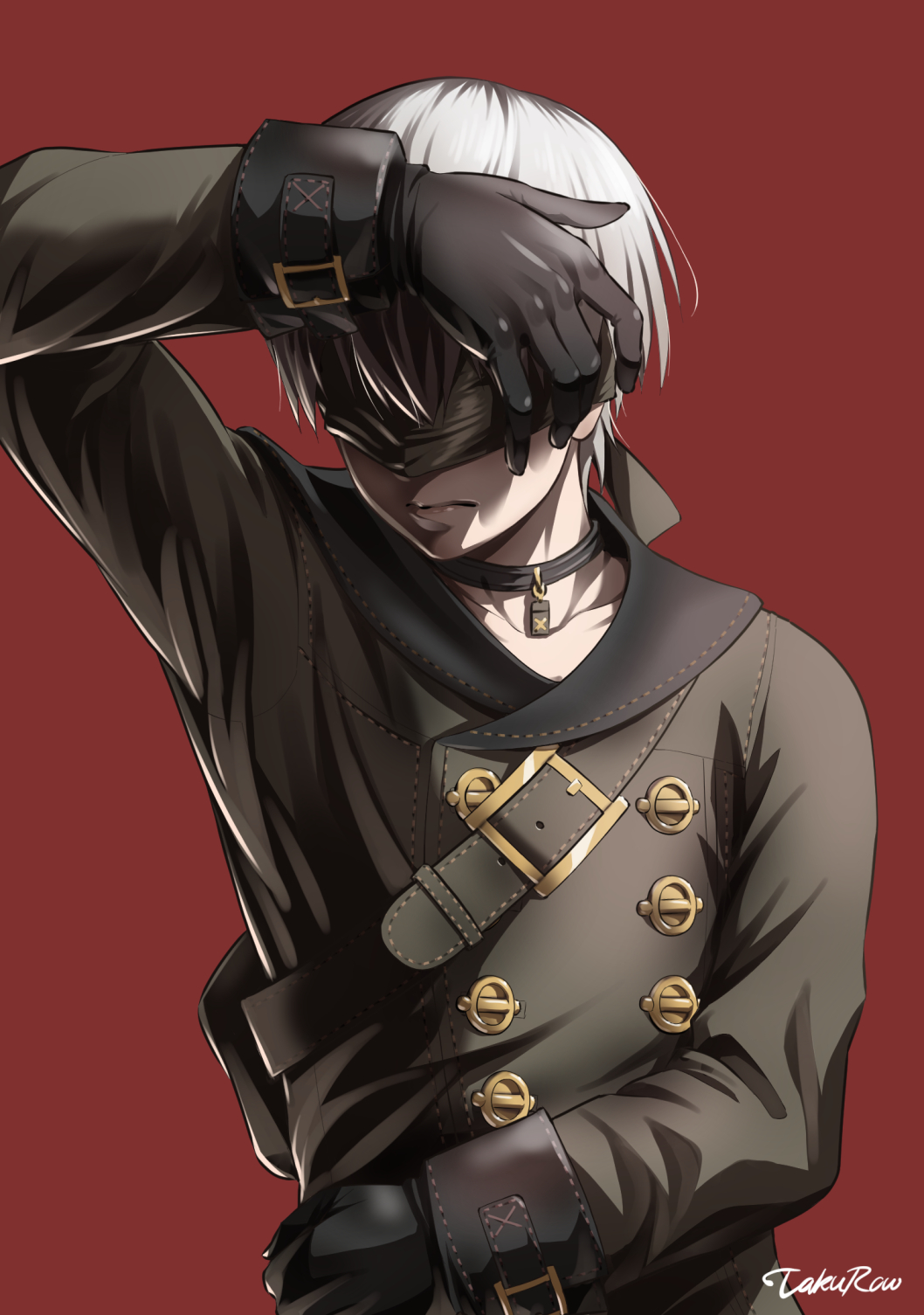 1boy, arm_up, artist_name, bangs, belt, black_gloves, blindfold, closed_mouth