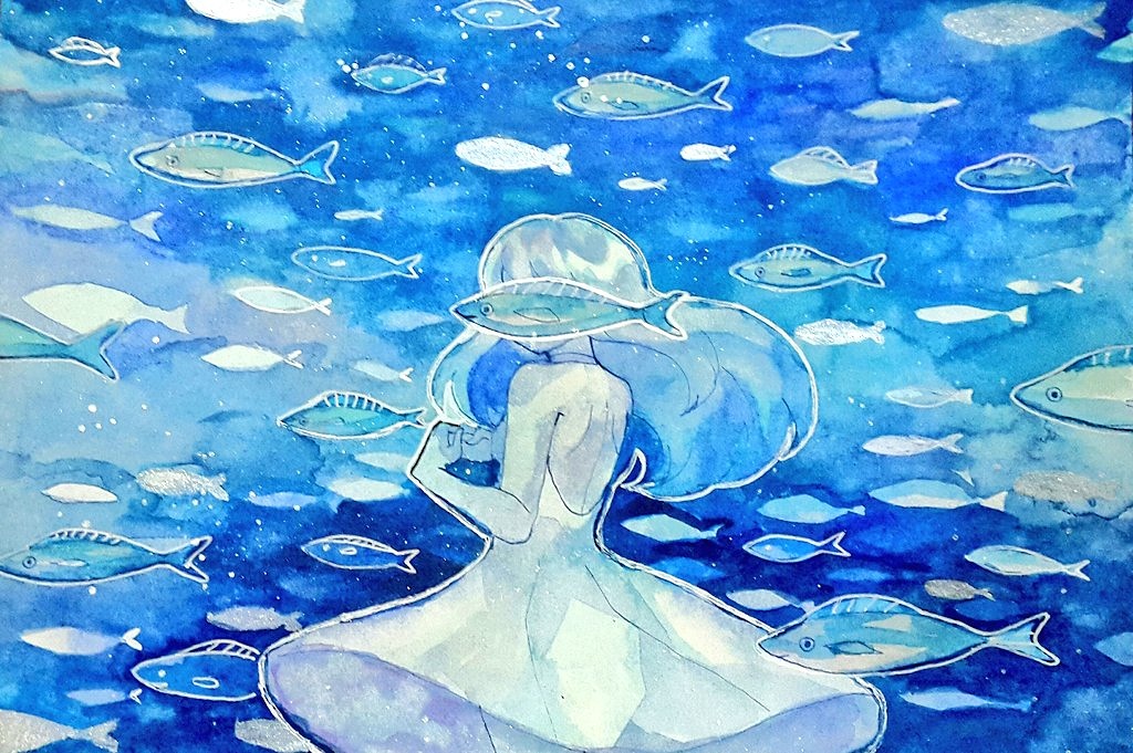 1girl, blue, blue_hair, dress, fish, halterneck, long_hair, mani_(rokyujuusan), open-back_dress, original, solo, submerged, traditional_media, underwater, watercolor_(medium)