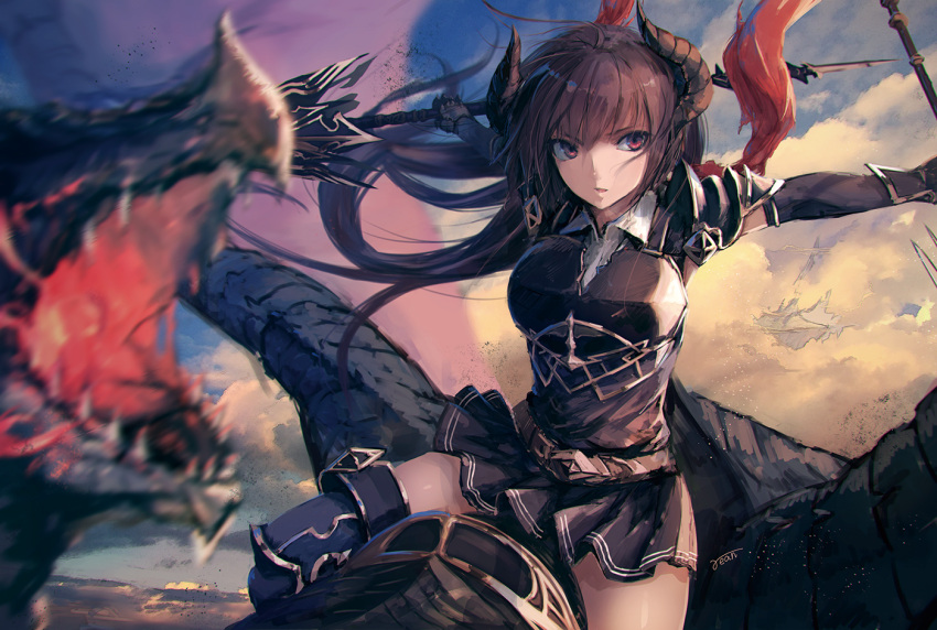 1girl, armor, bangs, black_legwear, black_skirt, blue_sky, boots, breastplate, breasts, brown_hair, clouds, cloudy_sky, collared_shirt, dragon, dual_wielding, eyebrows_visible_through_hair, fantasy, floating_hair, forte_(shingeki_no_bahamut), granblue_fantasy, hair_between_eyes, holding, holding_weapon, horns, lance, long_hair, looking_to_the_side, outdoors, parted_lips, pleated_skirt, polearm, rean_(r_ean), red_eyes, riding, shingeki_no_bahamut, shirt, skirt, sky, solo, thigh-highs, thigh_boots, typhoon, weapon, white_shirt