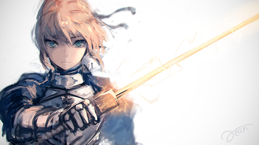 1girl, arm_up, artist_name, bangs, black_ribbon, blonde_hair, breastplate, closed_mouth, excalibur, expressionless, fate/stay_night, fate_(series), gauntlets, glowing, glowing_sword, glowing_weapon, hair_ribbon, holding, holding_sword, holding_weapon, juliet_sleeves, long_sleeves, looking_at_viewer, puffy_sleeves, rean_(r_ean), ribbon, saber, short_hair, signature, sketch, solo, sword, upper_body, weapon