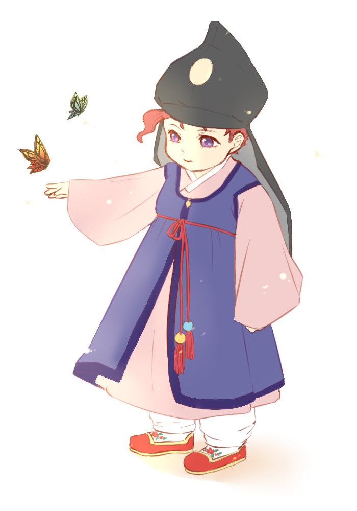 1boy, butterfly, child, full_body, hanbok, hat, jojo_no_kimyou_na_bouken, kakyouin_noriaki