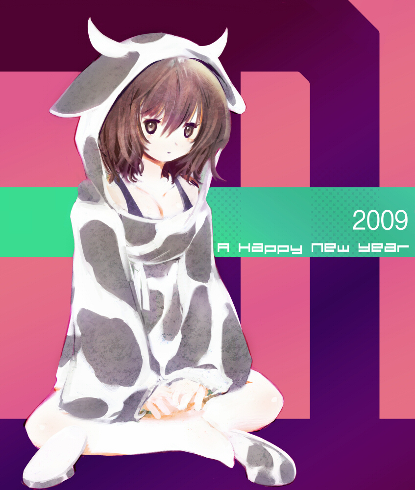 brown_hair, cow_print, crossed_legs, ein_(artist), ein_(long_cake), hood, horns, indian_style, legs_crossed, new_year, short_hair, sitting, slippers, sutein