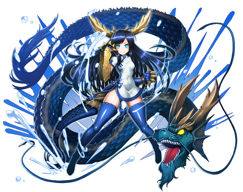 1girl, bandage, blue_eyes, blue_hair, boots, china_dress, chinese_clothes, defiaz_(infinity), dragon, dragon_girl, dragon_horns, dragon_tail, dress, gauntlets, head_fins, horns, karin_(p&amp;d), long_hair, open_mouth, puzzle_&amp;_dragons, sharp_teeth, smile, solo_focus, spiked_knuckles, tail, teeth, thigh-highs, thigh_boots, water, yellow_eyes