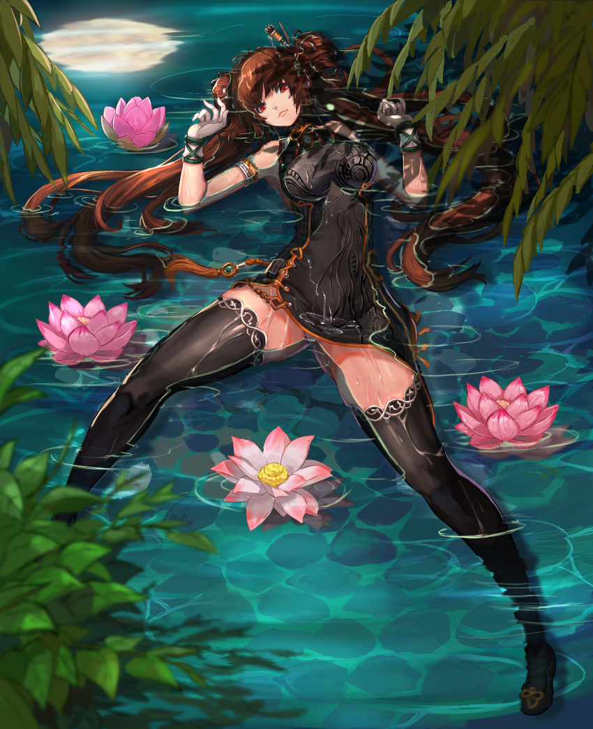 1girl, afloat, armlet, bangs, bare_shoulders, beads, black_dress, black_legwear