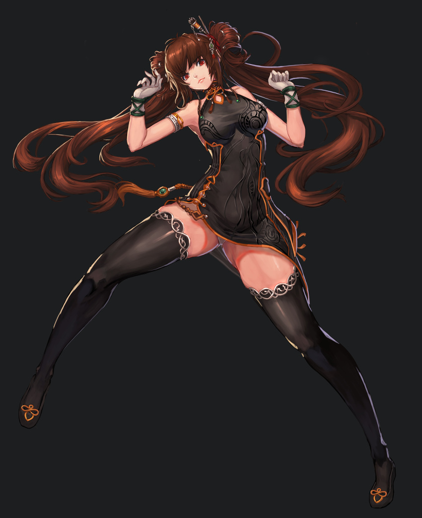1girl, armlet, bangs, bare_shoulders, beads, black_background, black_dress, black_legwear, black_shoes, breasts, brown_hair, china_dress, chinese_clothes, closed_mouth, double_bun, dress, dungeon_and_fighter, eyebrows_visible_through_hair, eyelashes, full_body, gem, gloves, hair_ornament, hair_stick, highres, jewelry, lips, long_hair, looking_at_viewer, medium_breasts, nen_master_(dungeon_and_fighter), panties, qbspdl, red_eyes, shoes, short_dress, sidelocks, simple_background, skin_tight, sleeveless, sleeveless_dress, solo, spread_legs, tassel, thigh-highs, thighlet, twintails, underwear, very_long_hair, white_gloves, white_panties