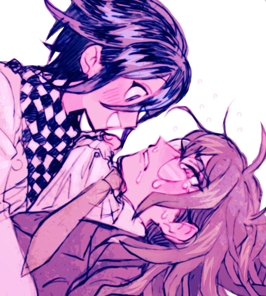 2boys, black_hair, blazer, brown_hair, checkered_scarf, close-up, dangan_ronpa, flying_sweatdrops
