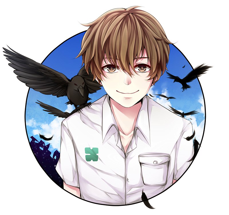 1boy, animal, bird, black_feathers, brown_eyes, brown_hair, closed_mouth, crow