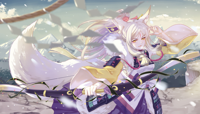 1girl, absurdres, animal_ears, armor, bai_lang, bangs, blurry, bow_(weapon)