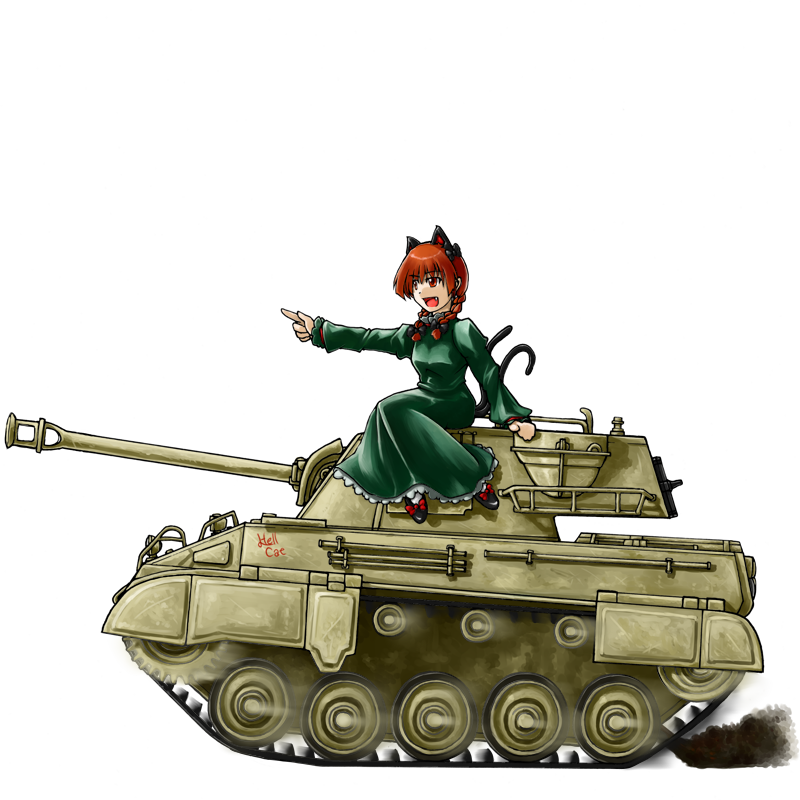 braid, cat_ears, cat_tail, caterpillar_tracks, fang, kaenbyou_rin, m18_hellcat, military