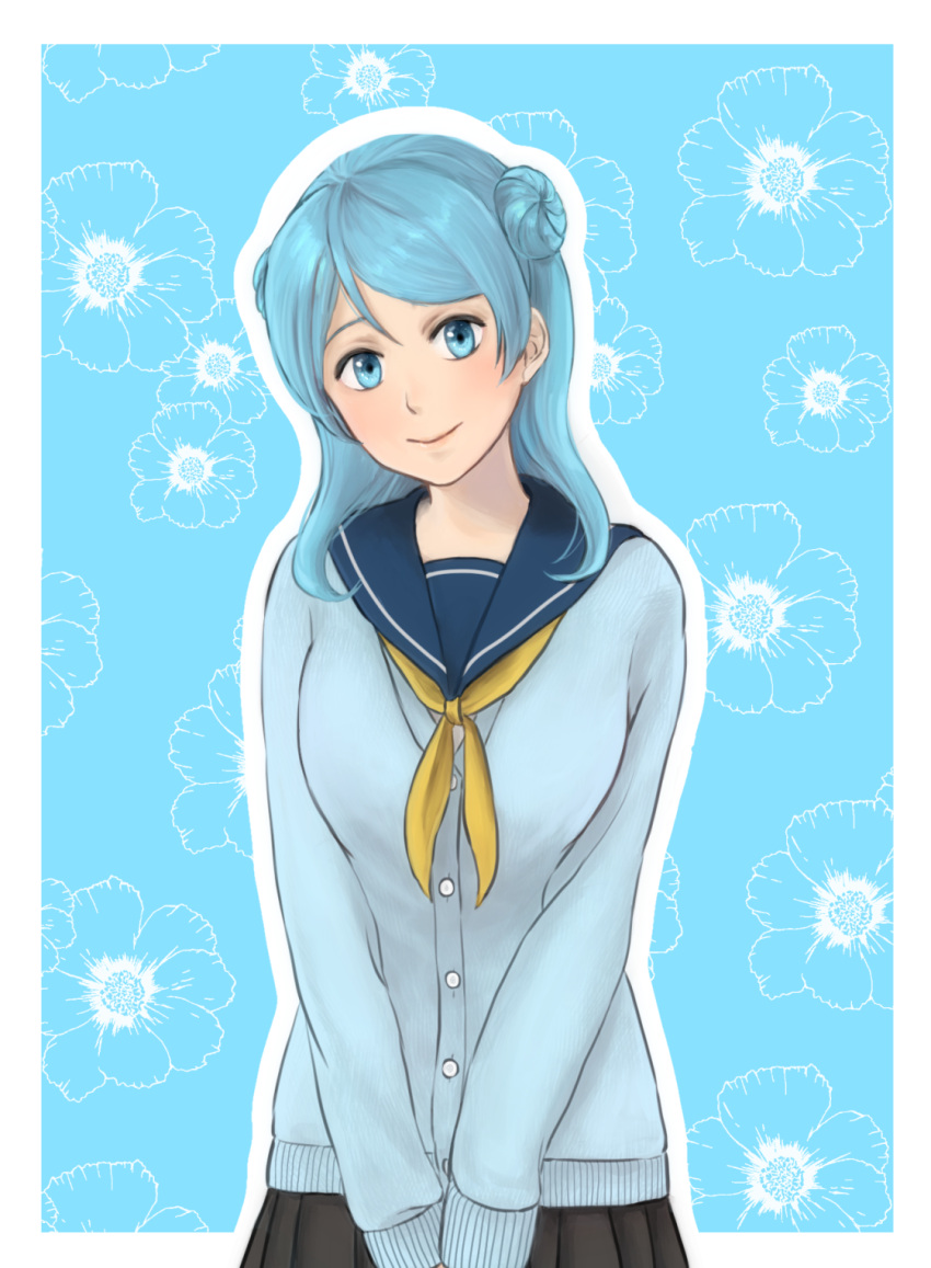 1girl, aqua_eyes, aqua_hair, cardigan, double_bun, floral_background, highres, kantai_collection, outline, pleated_skirt, sally_wasabi, school_uniform, serafuku, skirt, smile, solo, upper_body, urakaze_(kantai_collection)