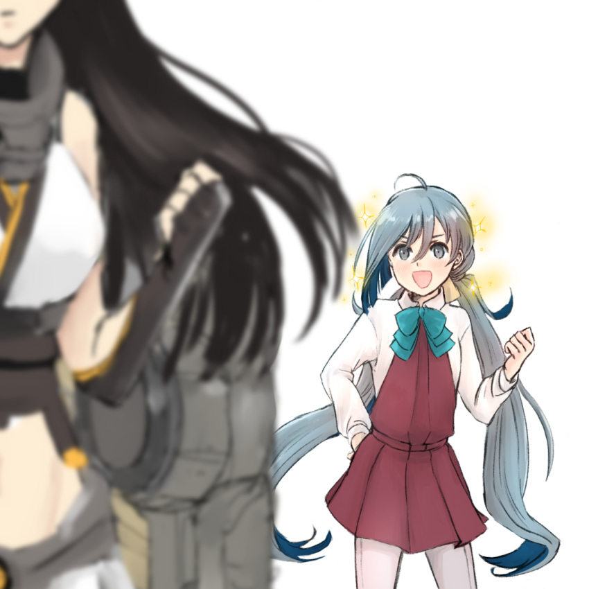 2girls, ahoge, blurry, depth_of_field, fingerless_gloves, gloves, grey_eyes, grey_hair, imitating, kantai_collection, kiyoshimo_(kantai_collection), long_hair, machinery, midriff, multiple_girls, nagato_(kantai_collection), open_mouth, sally_wasabi, smile, sparkle, thigh-highs, twintails, very_long_hair