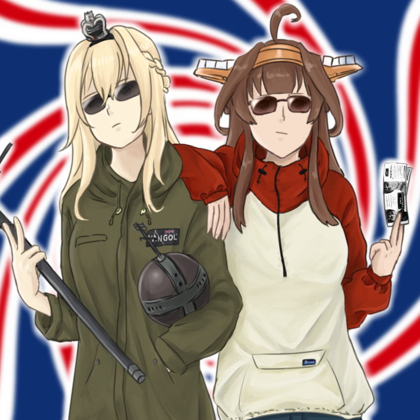 2girls, ahoge, arm_on_shoulder, blonde_hair, braid, brown_hair, casual, crown_braid