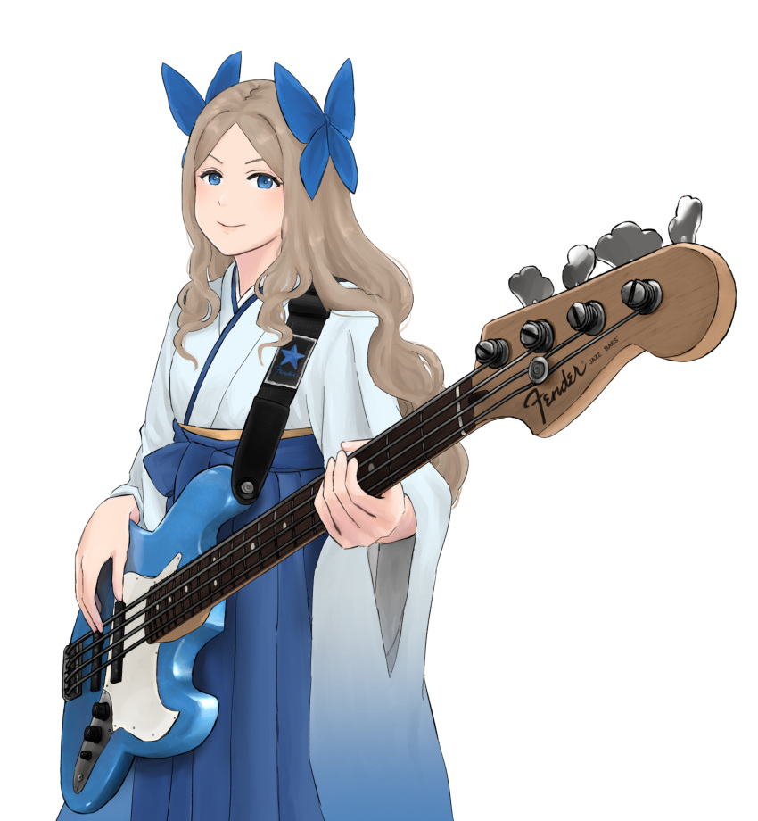 1girl, absurdres, asakaze_(kantai_collection), blue_eyes, electric_guitar, fender_stratocaster, guitar, hair_ribbon