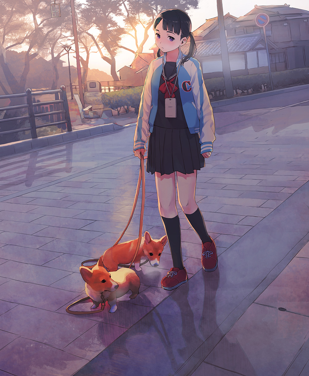 1girl, bangs, black_blouse, black_hair, black_legwear, black_serafuku, black_skirt, blouse
