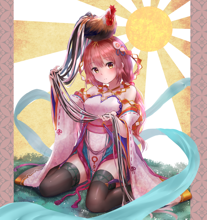 1girl, animal, animal_on_head, bird, black_legwear, brown_eyes, chicken, china_dress