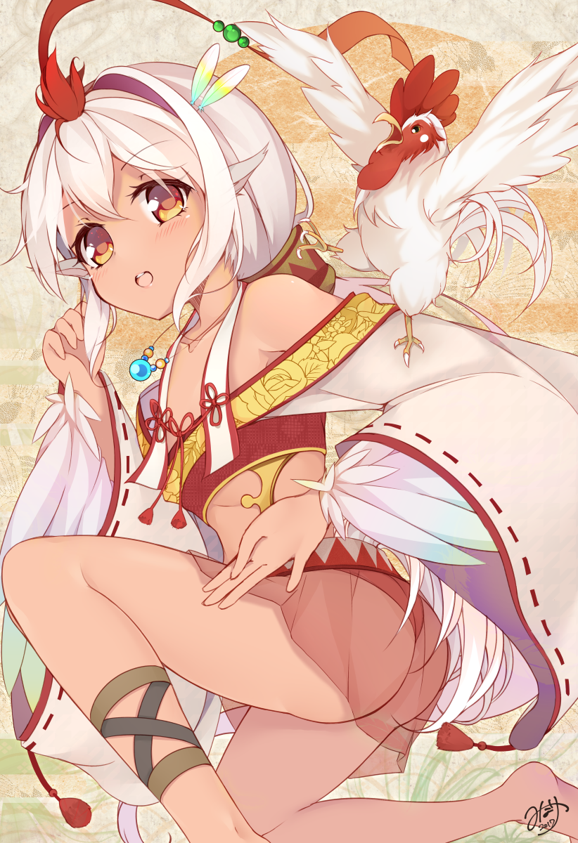 1girl, 2017, :o, animal_ears, artist_name, ass, bangs, bird