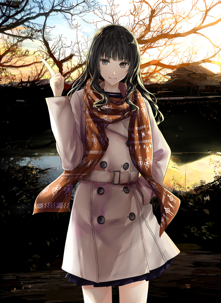 1girl, bangs, belt, black_eyes, black_hair, building, buttons, chef_no_kimagure_salad