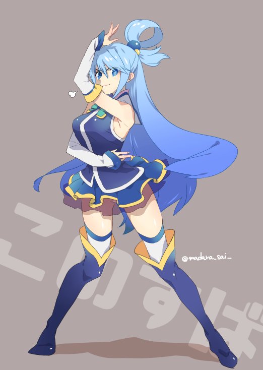 1girl, aqua_(konosuba), bare_shoulders, blue_eyes, blue_hair, boots, detached_sleeves, full_body