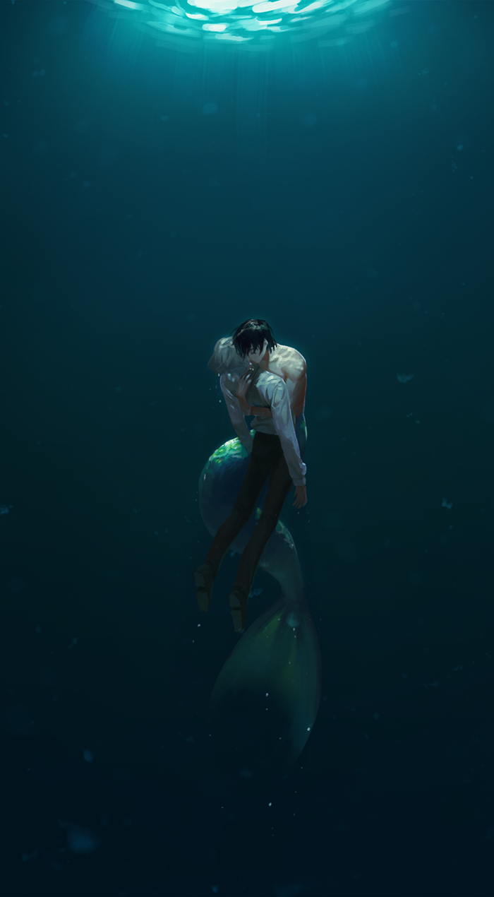 2boys, black_hair, highres, hug, merman, monster_boy, multiple_boys, ocean