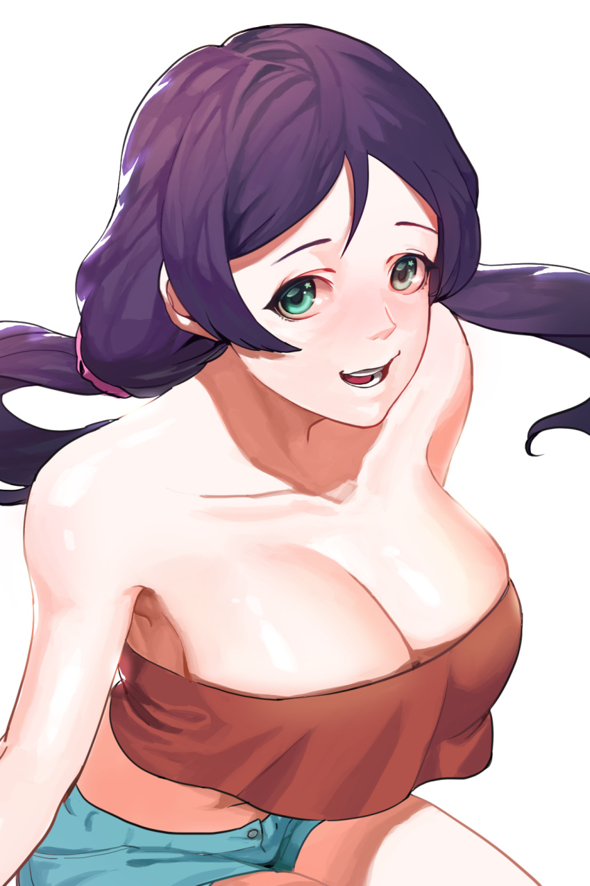 1girl, bare_shoulders, breasts, cleavage, collarbone, crop_top, crop_top_overhang, green_eyes