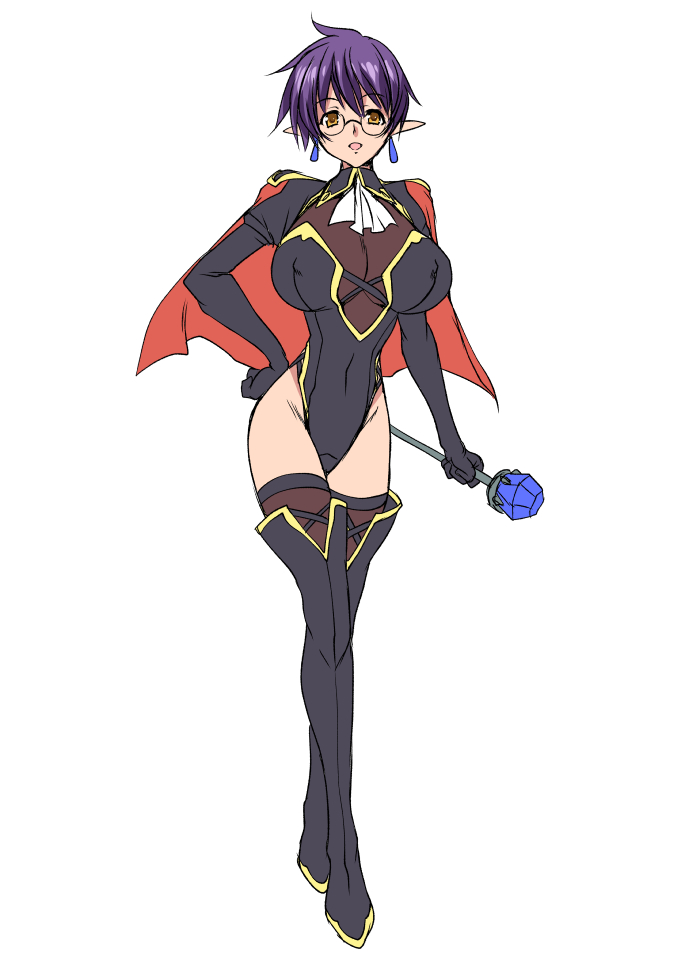1girl, breasts, cape, earrings, elbow_gloves, glasses, gloves, hand_on_hip