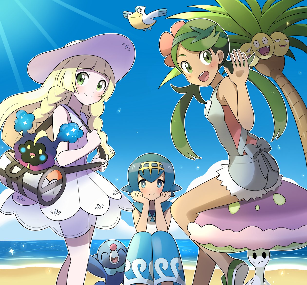 3girls, ^_^, ^o^, alolan_exeggutor, bag, baggy_pants, bangs, bare_shoulders, beach, blonde_hair, blue_hair, blunt_bangs, blush, braid, closed_eyes, closed_mouth, clouds, cosmog, dark_skin, day, dress, flower, flower_on_head, green_eyes, green_hair, hair_flower, hair_ornament, hand_on_own_cheek, happy, hat, legs, lillie_(pokemon), long_hair, looking_at_viewer, mallow_(pokemon), multiple_girls, ocean, open_mouth, pants, pelipper, pink_shirt, pokemon, pokemon_(game), pokemon_sm, popplio, ribbon, sand, see-through, shiinotic, shirt, short_hair, sitting, sky, sleeveless, sleeveless_dress, sleeveless_shirt, smile, sparkle, suiren_(pokemon), sun_hat, sunlight, sweatdrop, swept_bangs, swimsuit, swimsuit_under_clothes, trial_captain, twin_braids, waving