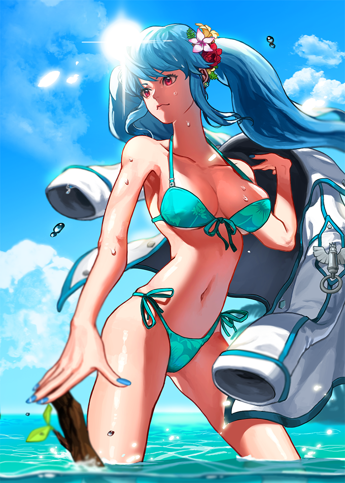 1girl, bikini, blue_hair, blue_nails, breasts, cleavage, collarbone, flower