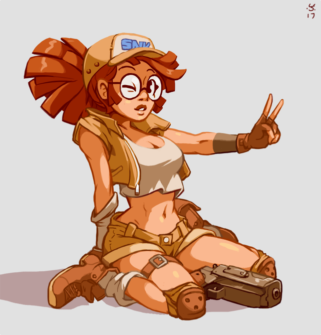 1girl, ;), baseball_cap, boots, breasts, brown_hair, cleavage, combat_boots