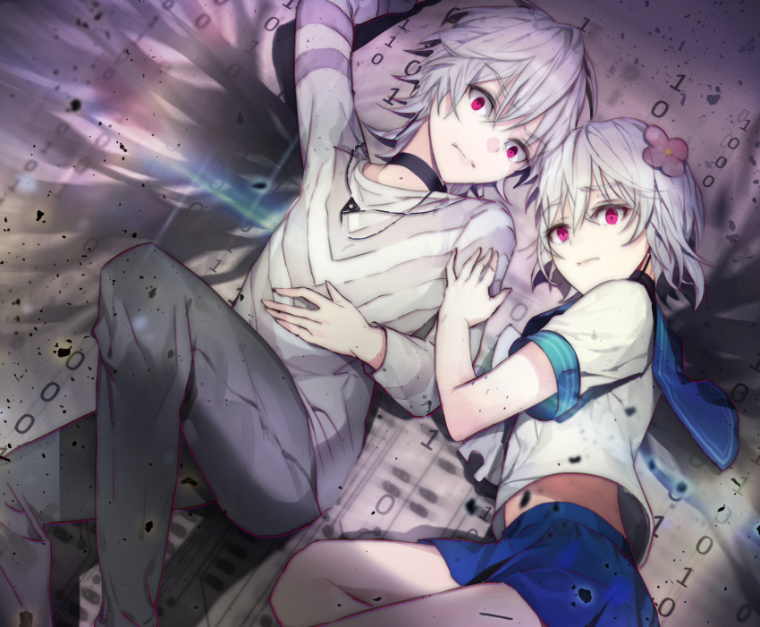 1boy, 1girl, accelerator, blue_skirt, choker, collar, dual_persona, flower