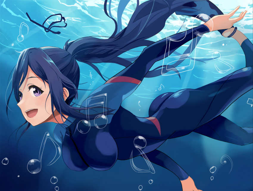 1girl, :d, air_bubble, ass, blue_hair, bodysuit, breasts, bubble, diving_suit, duu_(derhnky9f4), floating_hair, long_hair, love_live!, love_live!_sunshine!!, matsuura_kanan, musical_note, open_mouth, ponytail, smile, solo, swimming, underwater, violet_eyes, water