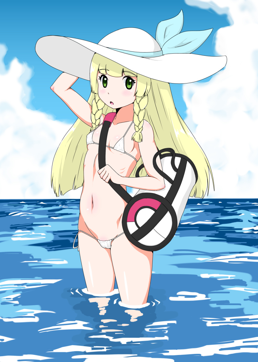 1girl, alternate_costume, bag, bangs, bare_arms, bikini, blonde_hair, blunt_bangs, braid, breasts, collarbone, day, duffel_bag, french_braid, green_eyes, hat, highres, lillie_(pokemon), long_hair, looking_at_viewer, micro_bikini, partially_submerged, pokemon, pokemon_(game), pokemon_sm, small_breasts, standing, sun_hat, swimsuit, taka_(copyrobot), twin_braids, white_bikini, white_hat