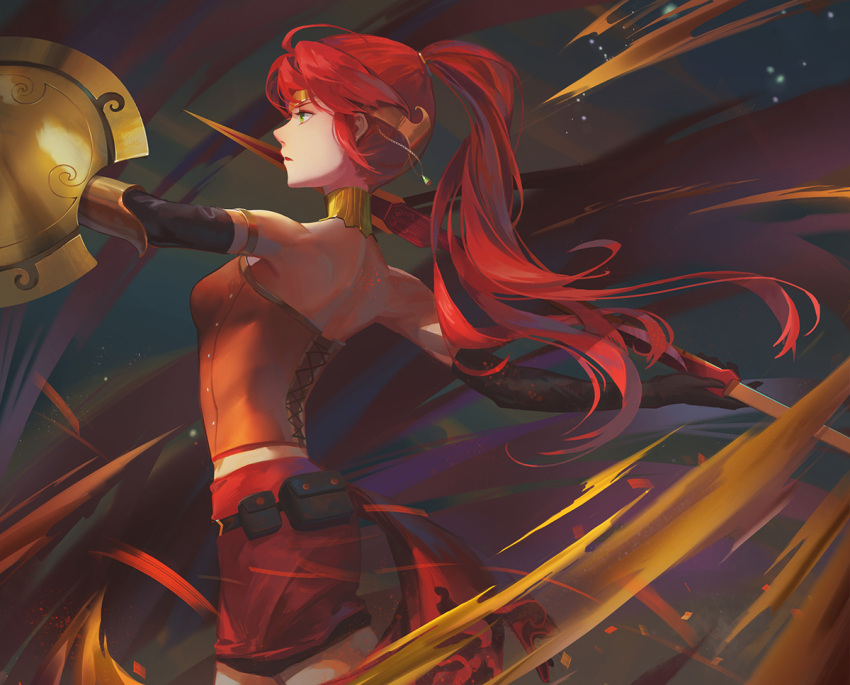 1girl, buckler, corset, edakai, elbow_gloves, forehead_protector, gloves, green_eyes