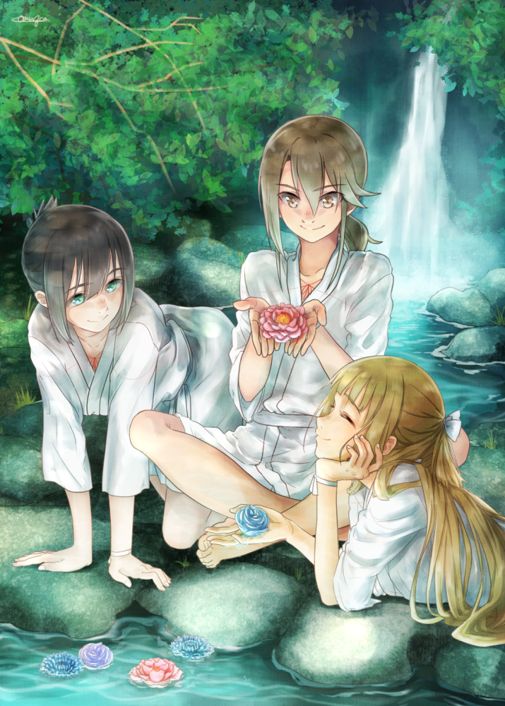 3girls, ^_^, all_fours, aqua_eyes, barefoot, black_hair, blonde_hair, blush