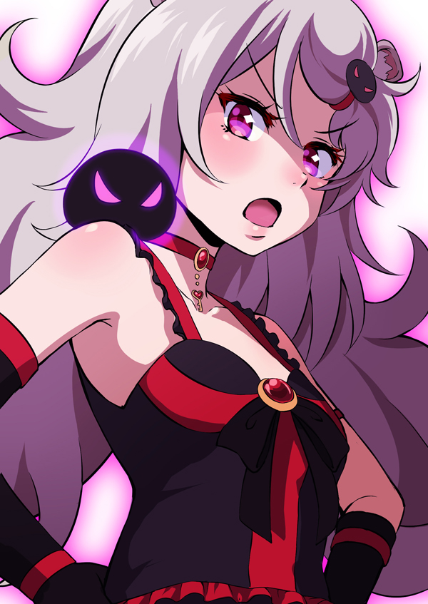 1girl, aireen_(show_by_rock!!), animal_ears, asymmetrical_gloves, bare_shoulders, bow, choker, collarbone