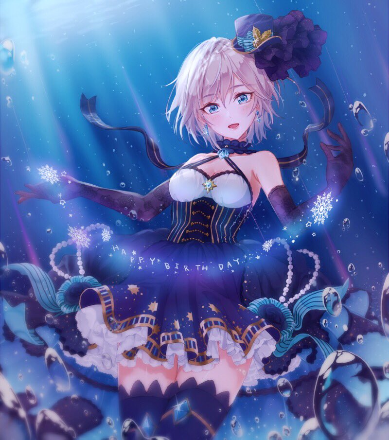 1girl, anastasia_(idolmaster), bare_shoulders, blue_eyes, breasts, cleavage, elbow_gloves, gloves