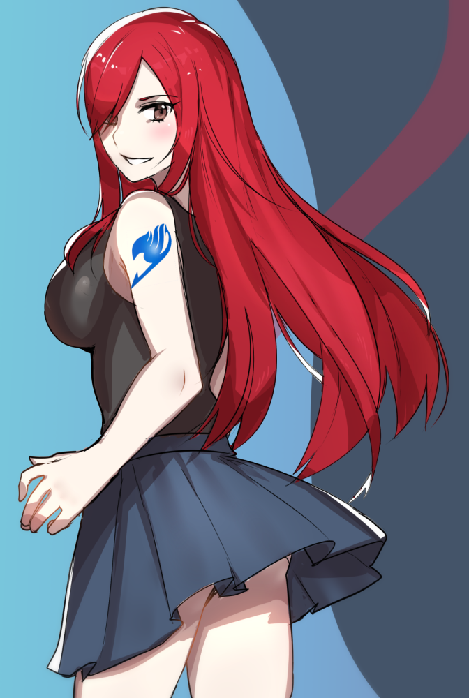 bare_arms, bare_shoulders, brown_eyes, emblem, erza_scarlet, fairy_tail, long_hair, redhead, ryairyai, skirt, smile, tattoo