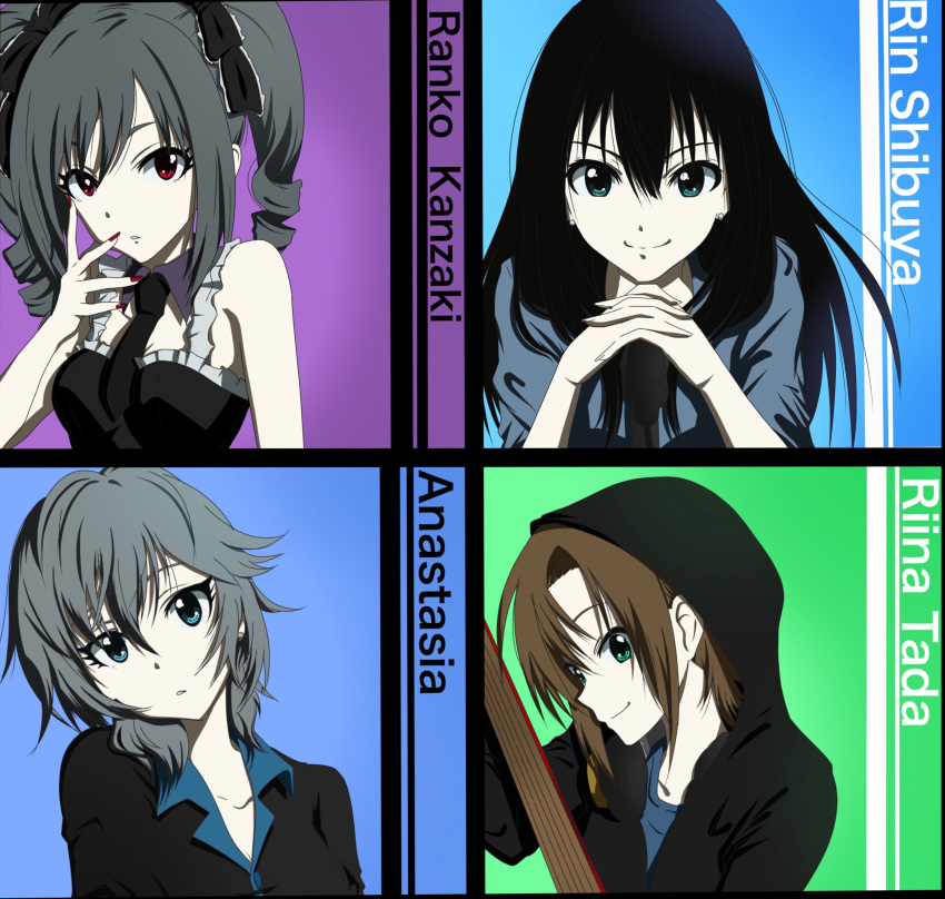 4girls, absurdres, anastasia_(idolmaster), blue_eyes, brown_hair, character_name, drill_hair, green_eyes