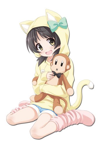 1girl, animal_ears, animal_hood, black_hair, blush, bow, bowl, bowl_hat, brown_eyes, cat_tail, child, doll_hug, fake_animal_ears, fake_tail, green_bow, hat, holding, hood, hoodie, kaai_yuki, kneeling, looking_at_viewer, loose_socks, official_art, open_mouth, promotional_art, short_twintails, shorts, sitting, smile, socks, solo, stuffed_animal, stuffed_monkey, stuffed_toy, tail, twintails, umetani_tarou, vocaloid, wariza, yellow_hoodie