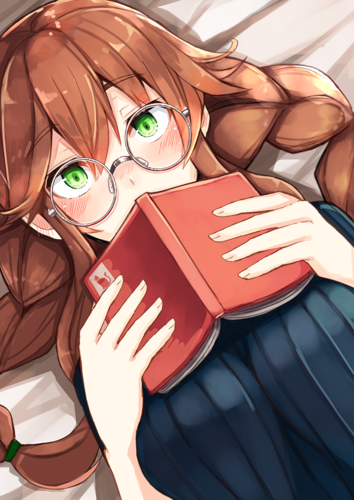 1girl, arms_at_sides, bangs, bed_sheet, bespectacled, blush, book, braid