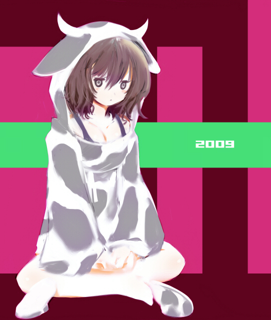 2009, brown_hair, cow_print, hood, horns, legs_crossed, short_hair, slippers