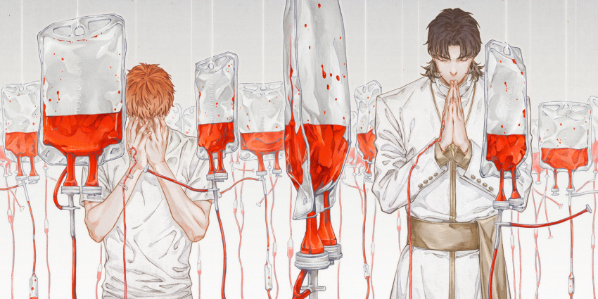 2boys, bangs, black_hair, blood, blood_bag, cassock, chazy, closed_eyes, covered_face, covering_face, emiya_shirou, facing_viewer, fate_(series), fingernails, gradient, gradient_background, grey_background, hands_on_own_face, highres, intravenous_drip, kotomine_kirei, long_sleeves, male_focus, multiple_boys, orange_hair, own_hands_together, parted_bangs, praying, sash, shirt, short_sleeves, t-shirt, tape, transparent, upper_body, white_shirt