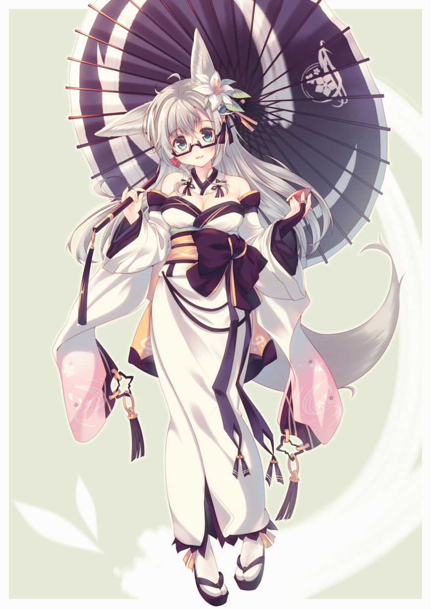 1girl, animal_ears, aqua_eyes, bangs, bare_shoulders, black-framed_eyewear, breasts, cleavage